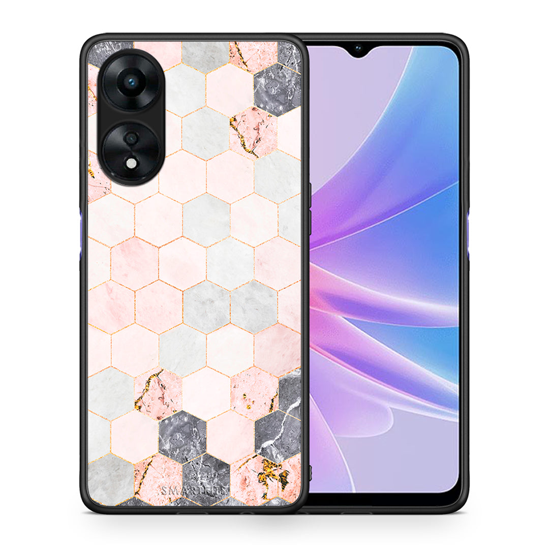 Θήκη Oppo A78 Marble Hexagon Pink από τη Smartfits με σχέδιο στο πίσω μέρος και μαύρο περίβλημα | Oppo A78 Marble Hexagon Pink Case with Colorful Back and Black Bezels