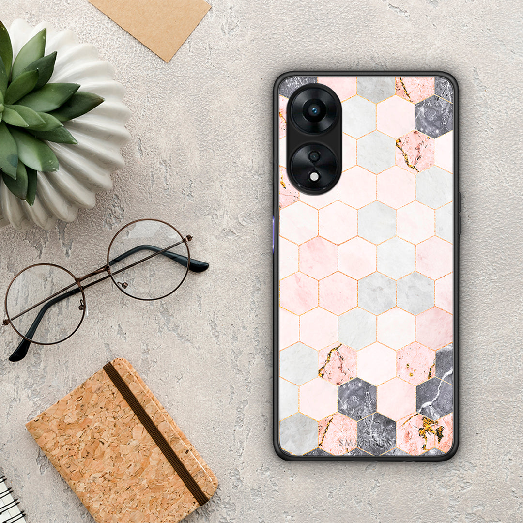 Θήκη Oppo A78 Marble Hexagon Pink από τη Smartfits με σχέδιο στο πίσω μέρος και μαύρο περίβλημα | Oppo A78 Marble Hexagon Pink Case with Colorful Back and Black Bezels