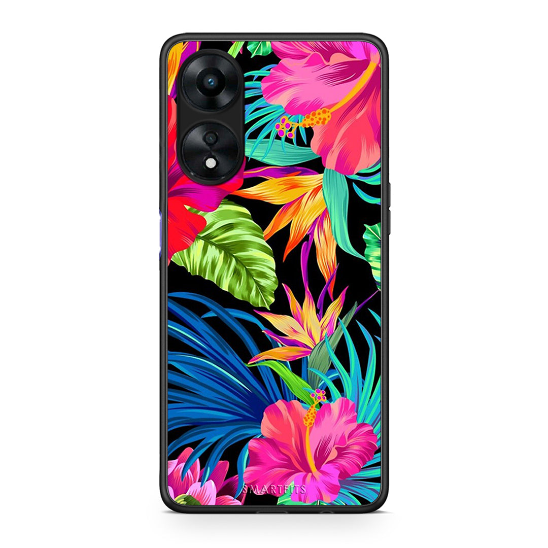 Θήκη Oppo A78 Tropical Flowers από τη Smartfits με σχέδιο στο πίσω μέρος και μαύρο περίβλημα | Oppo A78 Tropical Flowers Case with Colorful Back and Black Bezels