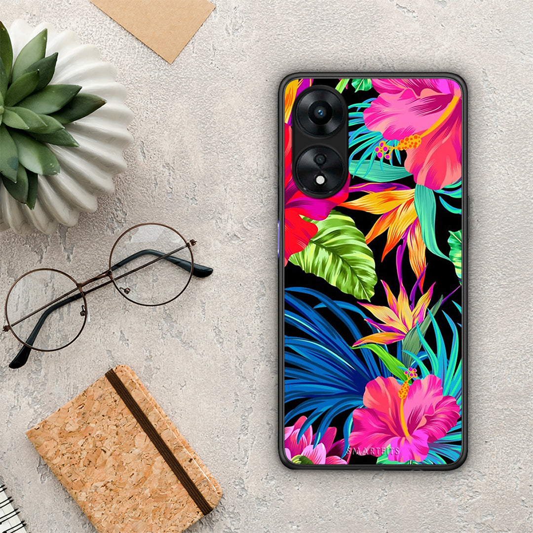 Θήκη Oppo A78 Tropical Flowers από τη Smartfits με σχέδιο στο πίσω μέρος και μαύρο περίβλημα | Oppo A78 Tropical Flowers Case with Colorful Back and Black Bezels