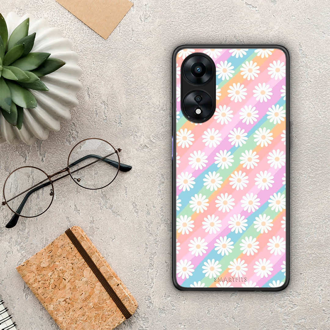 Θήκη Oppo A78 White Daisies από τη Smartfits με σχέδιο στο πίσω μέρος και μαύρο περίβλημα | Oppo A78 White Daisies Case with Colorful Back and Black Bezels