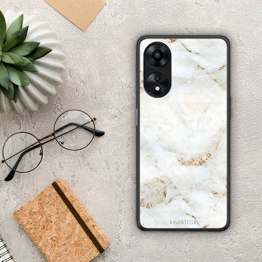 Θήκη Oppo A78 White Gold Marble από τη Smartfits με σχέδιο στο πίσω μέρος και μαύρο περίβλημα | Oppo A78 White Gold Marble Case with Colorful Back and Black Bezels