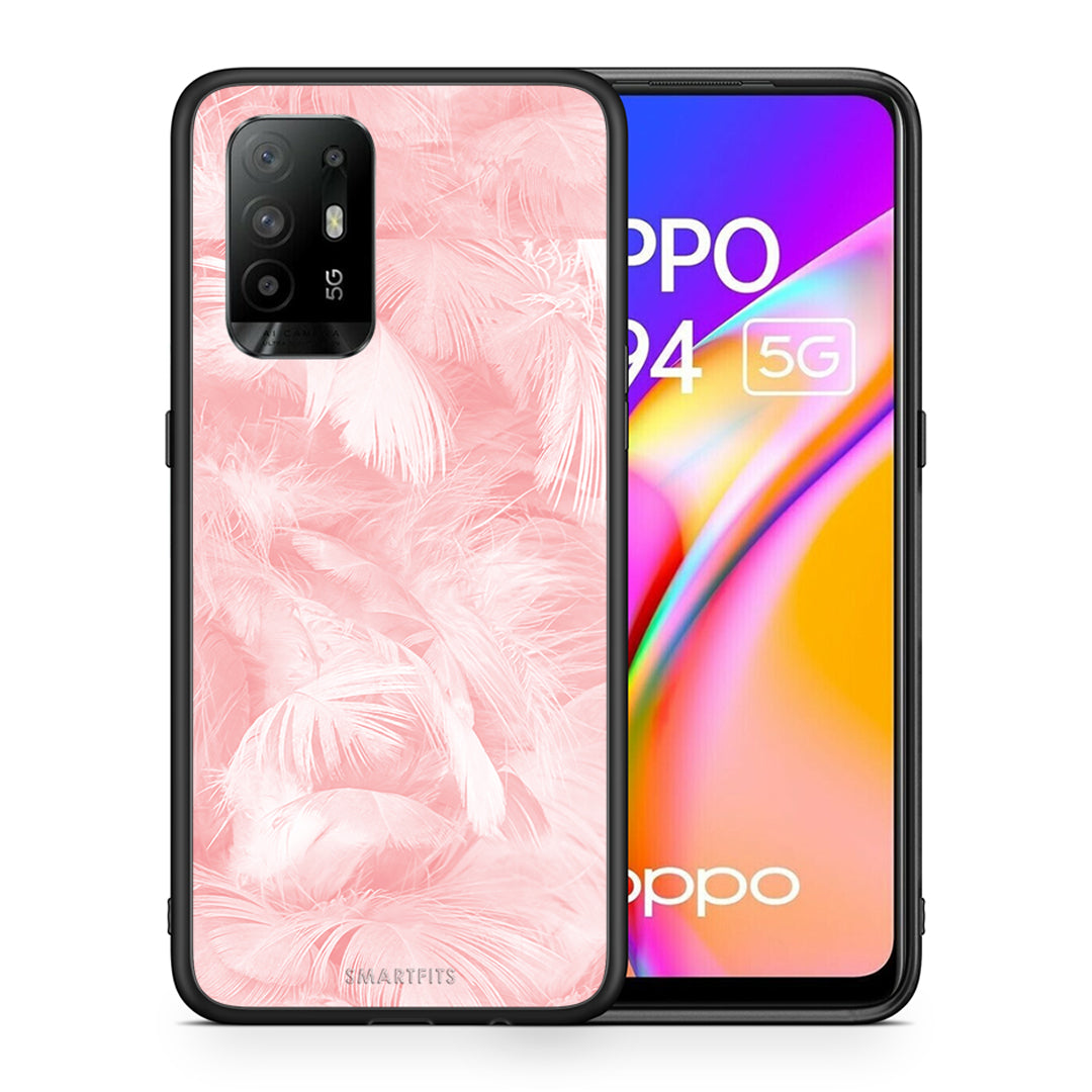 Θήκη Oppo A94 5G Pink Feather Boho από τη Smartfits με σχέδιο στο πίσω μέρος και μαύρο περίβλημα | Oppo A94 5G Pink Feather Boho case with colorful back and black bezels