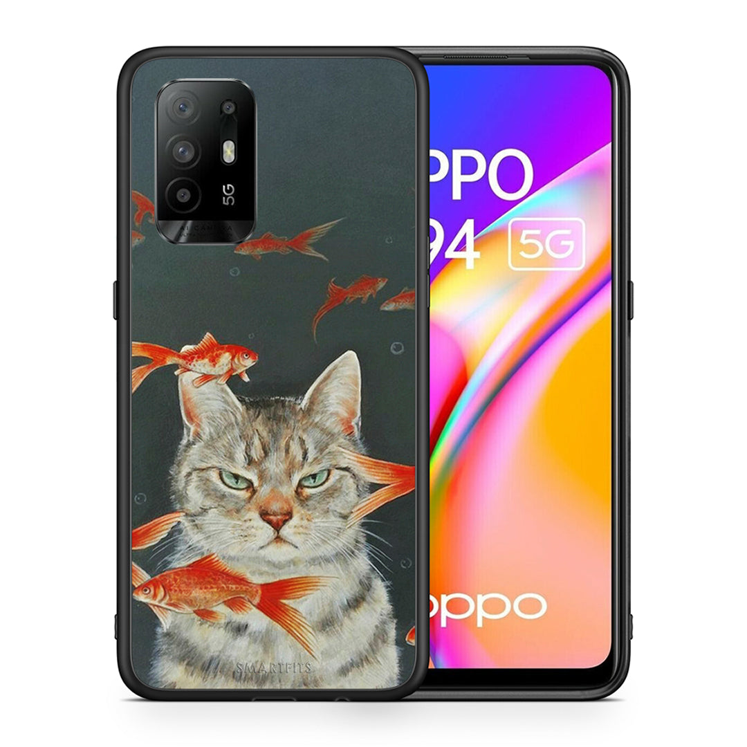 Θήκη Oppo A94 5G Cat Goldfish από τη Smartfits με σχέδιο στο πίσω μέρος και μαύρο περίβλημα | Oppo A94 5G Cat Goldfish case with colorful back and black bezels