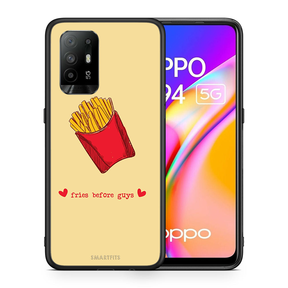 Θήκη Αγίου Βαλεντίνου Oppo A94 5G Fries Before Guys από τη Smartfits με σχέδιο στο πίσω μέρος και μαύρο περίβλημα | Oppo A94 5G Fries Before Guys case with colorful back and black bezels