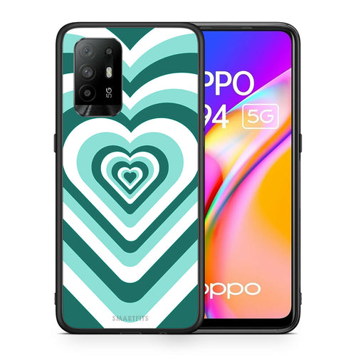 Θήκη Oppo A94 5G Green Hearts από τη Smartfits με σχέδιο στο πίσω μέρος και μαύρο περίβλημα | Oppo A94 5G Green Hearts case with colorful back and black bezels