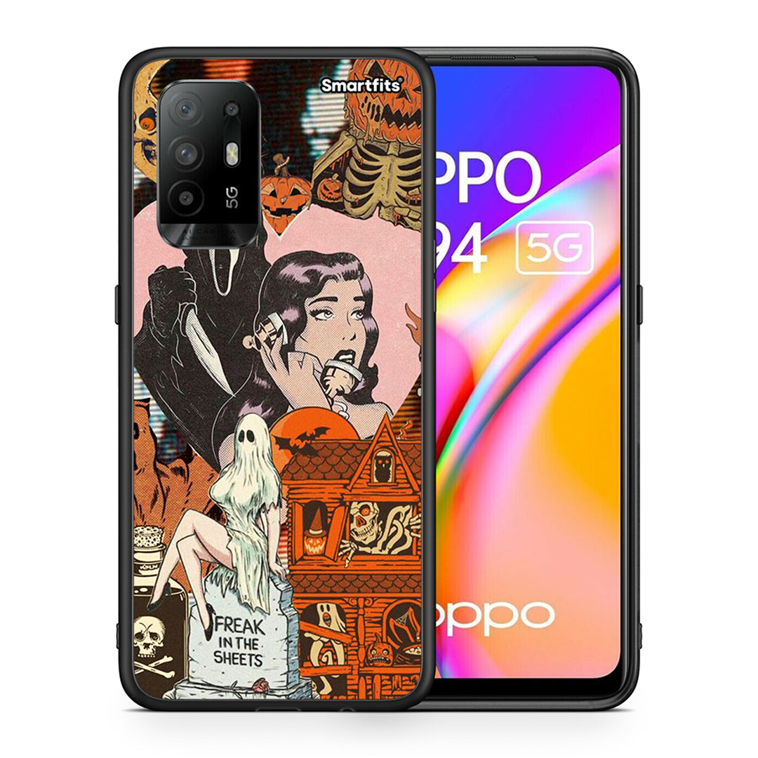 Θήκη Oppo A94 5G Halloween Collage από τη Smartfits με σχέδιο στο πίσω μέρος και μαύρο περίβλημα | Oppo A94 5G Halloween Collage case with colorful back and black bezels