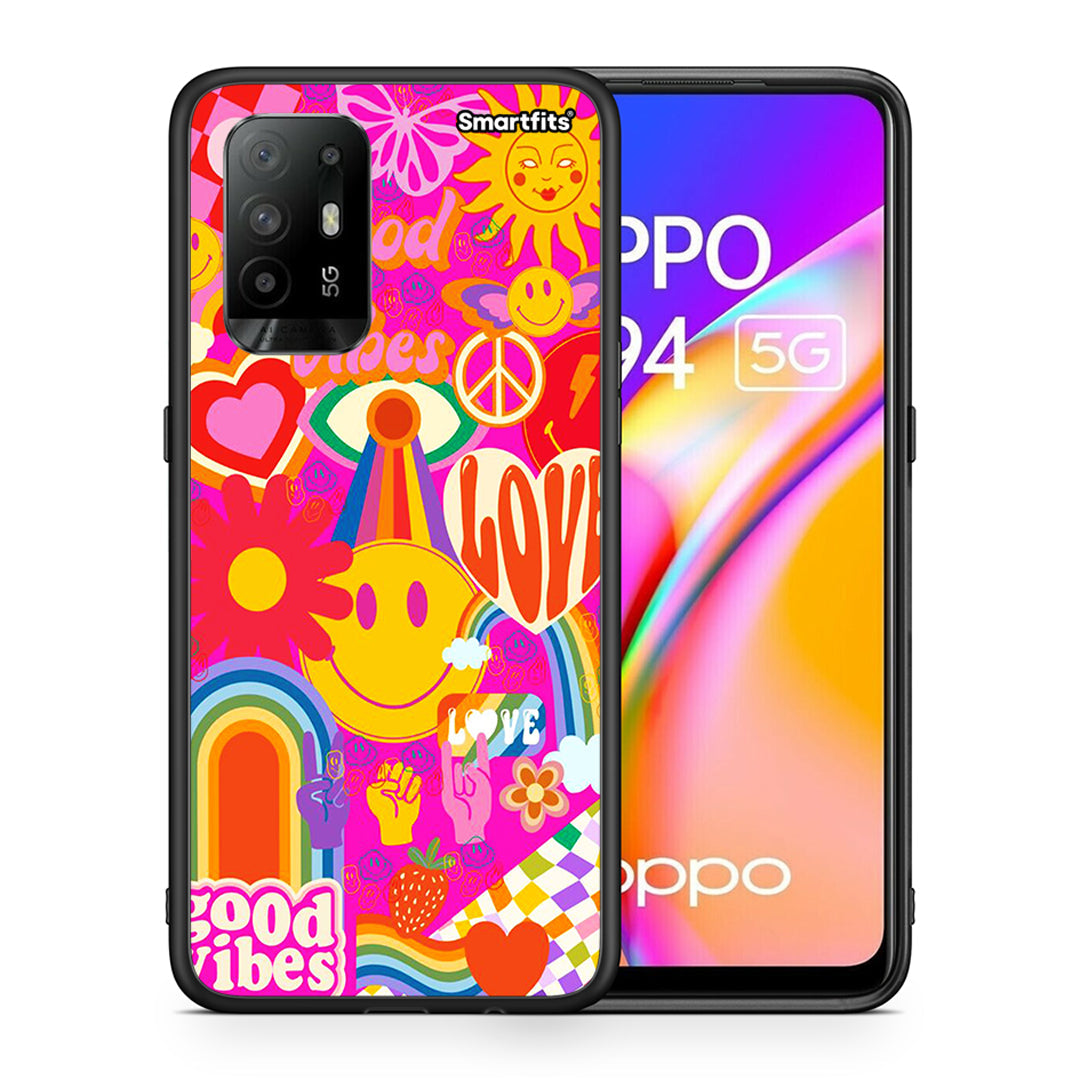 Θήκη Oppo A94 5G Hippie Love από τη Smartfits με σχέδιο στο πίσω μέρος και μαύρο περίβλημα | Oppo A94 5G Hippie Love case with colorful back and black bezels