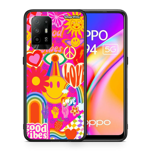 Θήκη Oppo A94 5G Hippie Love από τη Smartfits με σχέδιο στο πίσω μέρος και μαύρο περίβλημα | Oppo A94 5G Hippie Love case with colorful back and black bezels