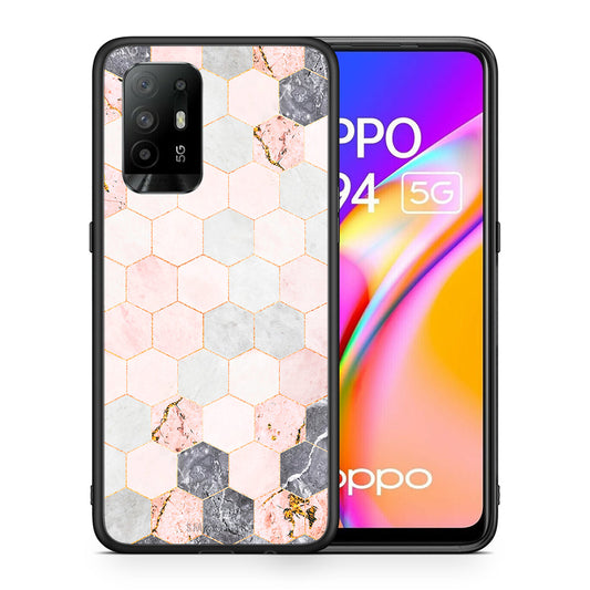 Θήκη Oppo A94 5G Hexagon Pink Marble από τη Smartfits με σχέδιο στο πίσω μέρος και μαύρο περίβλημα | Oppo A94 5G Hexagon Pink Marble case with colorful back and black bezels
