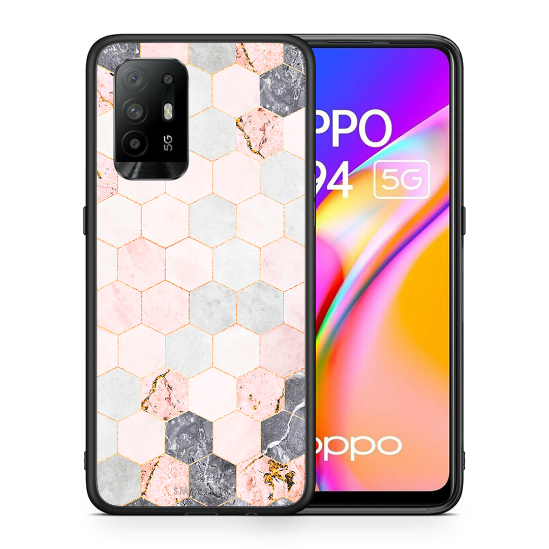 Θήκη Oppo A94 5G Hexagon Pink Marble από τη Smartfits με σχέδιο στο πίσω μέρος και μαύρο περίβλημα | Oppo A94 5G Hexagon Pink Marble case with colorful back and black bezels