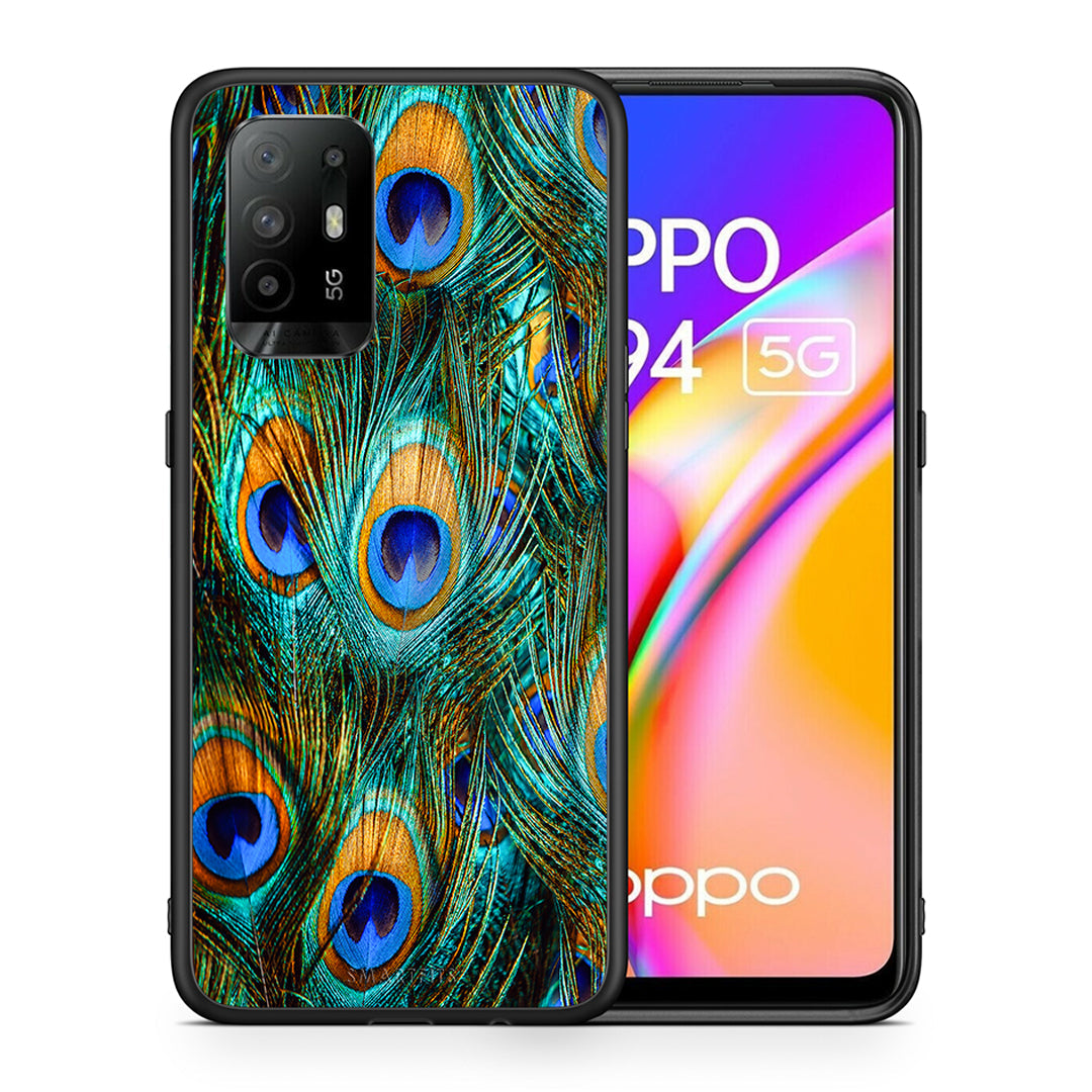 Θήκη Oppo A94 5G Real Peacock Feathers από τη Smartfits με σχέδιο στο πίσω μέρος και μαύρο περίβλημα | Oppo A94 5G Real Peacock Feathers case with colorful back and black bezels