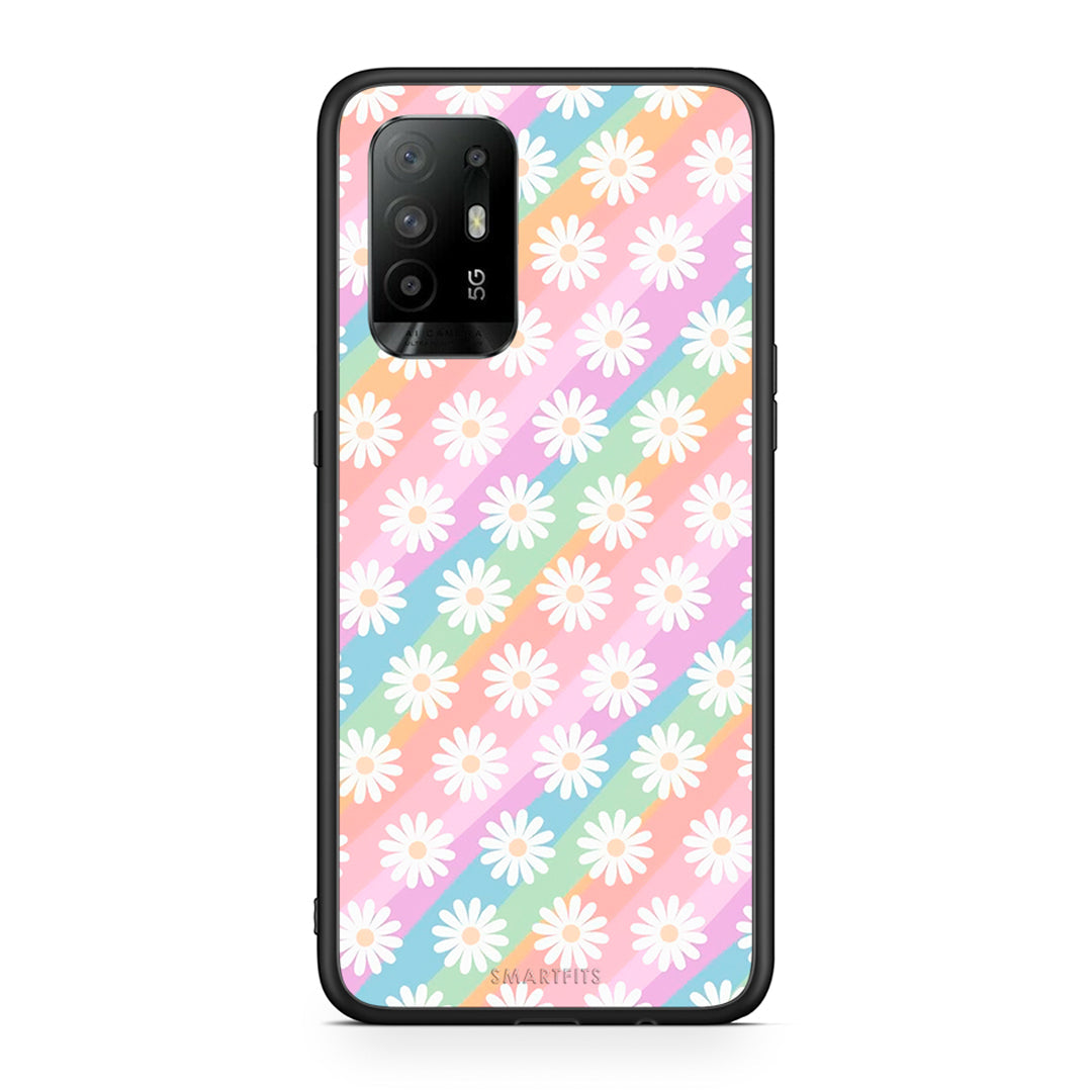Oppo A94 5G White Daisies θήκη από τη Smartfits με σχέδιο στο πίσω μέρος και μαύρο περίβλημα | Smartphone case with colorful back and black bezels by Smartfits