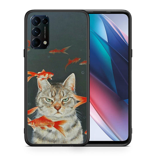 Θήκη Oppo Find X3 Lite / Reno 5 5G / Reno 5 4G Cat Goldfish από τη Smartfits με σχέδιο στο πίσω μέρος και μαύρο περίβλημα | Oppo Find X3 Lite / Reno 5 5G / Reno 5 4G Cat Goldfish case with colorful back and black bezels