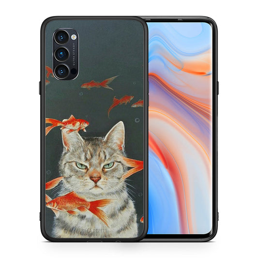 Θήκη Oppo Reno4 Pro 5G Cat Goldfish από τη Smartfits με σχέδιο στο πίσω μέρος και μαύρο περίβλημα | Oppo Reno4 Pro 5G Cat Goldfish case with colorful back and black bezels
