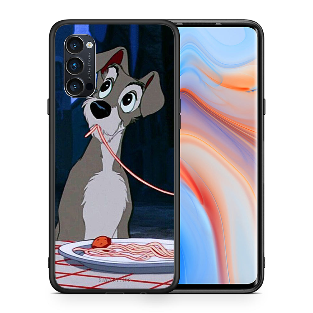 Θήκη Αγίου Βαλεντίνου Oppo Reno4 Pro 5G Lady And Tramp 1 από τη Smartfits με σχέδιο στο πίσω μέρος και μαύρο περίβλημα | Oppo Reno4 Pro 5G Lady And Tramp 1 case with colorful back and black bezels