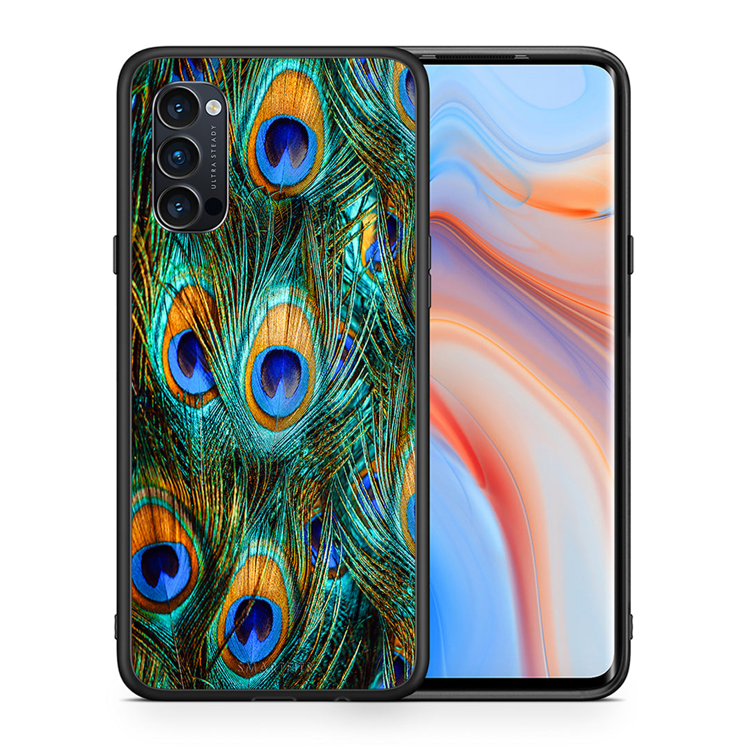 Θήκη Oppo Reno4 Pro 5G Real Peacock Feathers από τη Smartfits με σχέδιο στο πίσω μέρος και μαύρο περίβλημα | Oppo Reno4 Pro 5G Real Peacock Feathers case with colorful back and black bezels