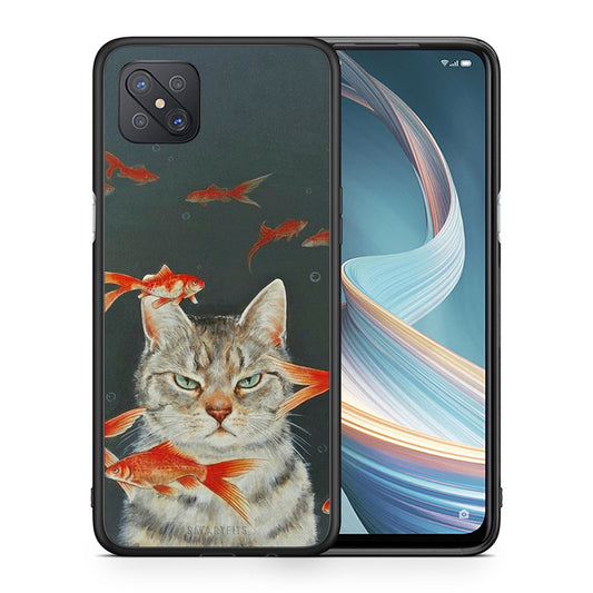 Θήκη Oppo Reno4 Z 5G Cat Goldfish από τη Smartfits με σχέδιο στο πίσω μέρος και μαύρο περίβλημα | Oppo Reno4 Z 5G Cat Goldfish case with colorful back and black bezels