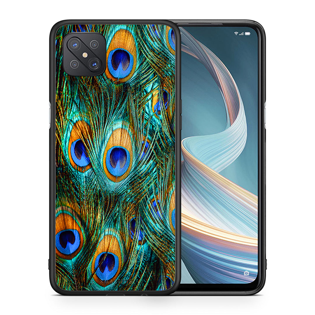 Θήκη Oppo Reno4 Z 5G Real Peacock Feathers από τη Smartfits με σχέδιο στο πίσω μέρος και μαύρο περίβλημα | Oppo Reno4 Z 5G Real Peacock Feathers case with colorful back and black bezels