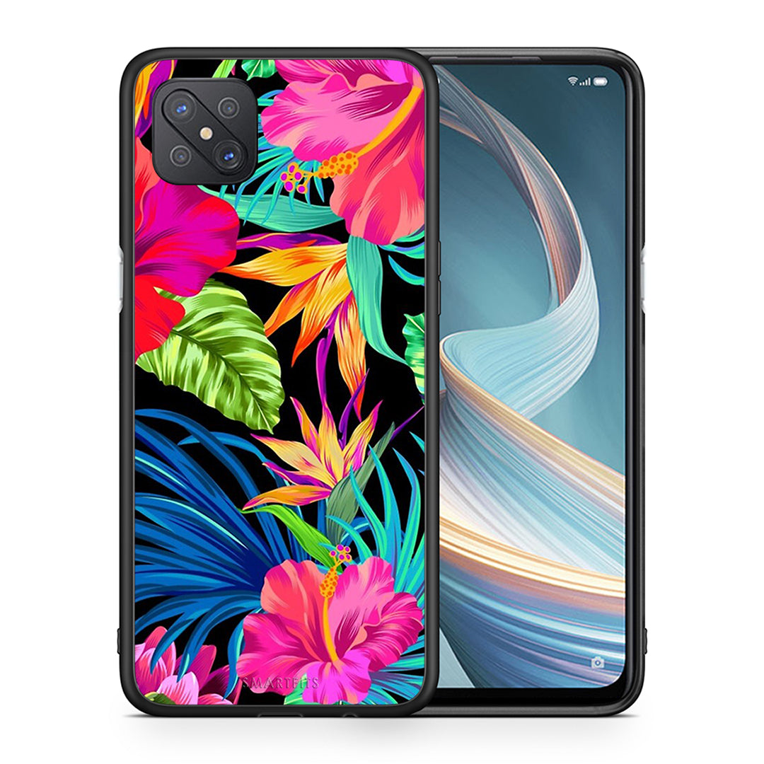 Θήκη Oppo Reno4 Z 5G Tropical Flowers από τη Smartfits με σχέδιο στο πίσω μέρος και μαύρο περίβλημα | Oppo Reno4 Z 5G Tropical Flowers case with colorful back and black bezels