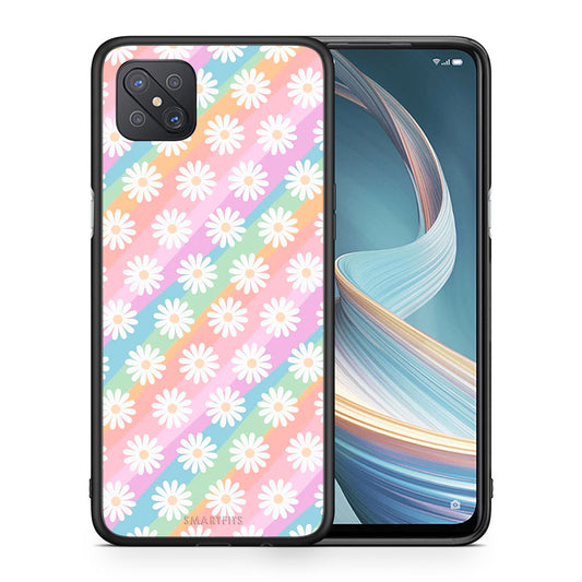 Θήκη Oppo Reno4 Z 5G White Daisies από τη Smartfits με σχέδιο στο πίσω μέρος και μαύρο περίβλημα | Oppo Reno4 Z 5G White Daisies case with colorful back and black bezels