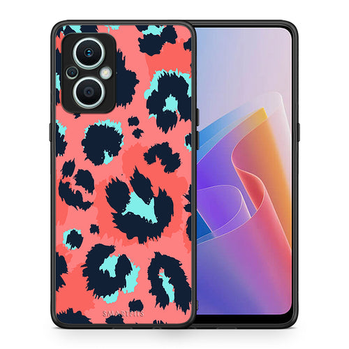 Θήκη Oppo Reno7 Lite Animal Pink Leopard από τη Smartfits με σχέδιο στο πίσω μέρος και μαύρο περίβλημα | Oppo Reno7 Lite Animal Pink Leopard Case with Colorful Back and Black Bezels