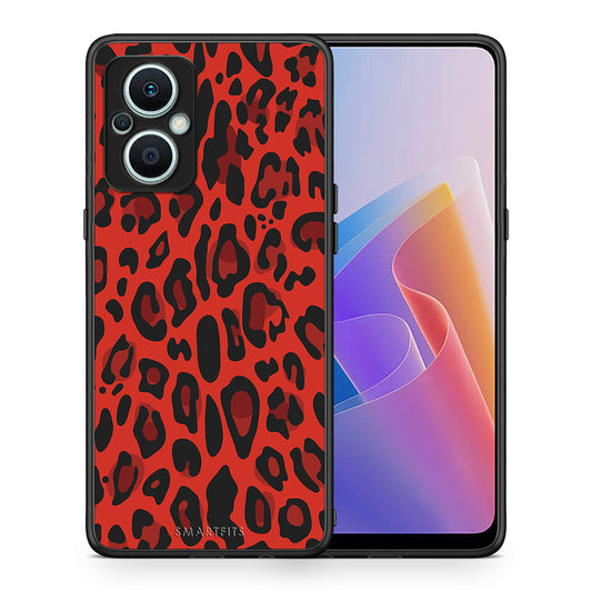 Θήκη Oppo Reno7 Lite Animal Red Leopard από τη Smartfits με σχέδιο στο πίσω μέρος και μαύρο περίβλημα | Oppo Reno7 Lite Animal Red Leopard Case with Colorful Back and Black Bezels