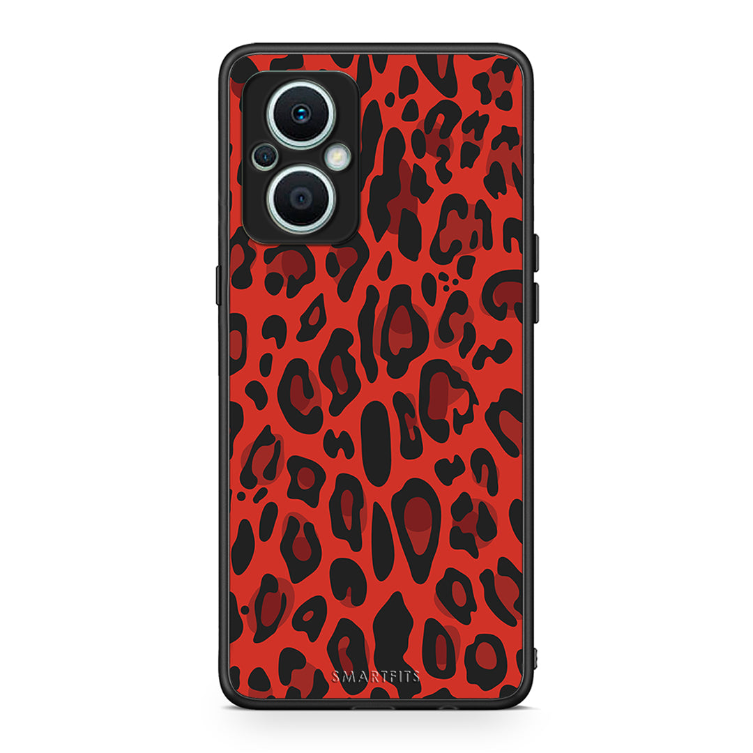 Θήκη Oppo Reno7 Lite Animal Red Leopard από τη Smartfits με σχέδιο στο πίσω μέρος και μαύρο περίβλημα | Oppo Reno7 Lite Animal Red Leopard Case with Colorful Back and Black Bezels