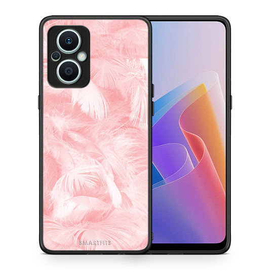 Θήκη Oppo Reno7 Lite Boho Pink Feather από τη Smartfits με σχέδιο στο πίσω μέρος και μαύρο περίβλημα | Oppo Reno7 Lite Boho Pink Feather Case with Colorful Back and Black Bezels