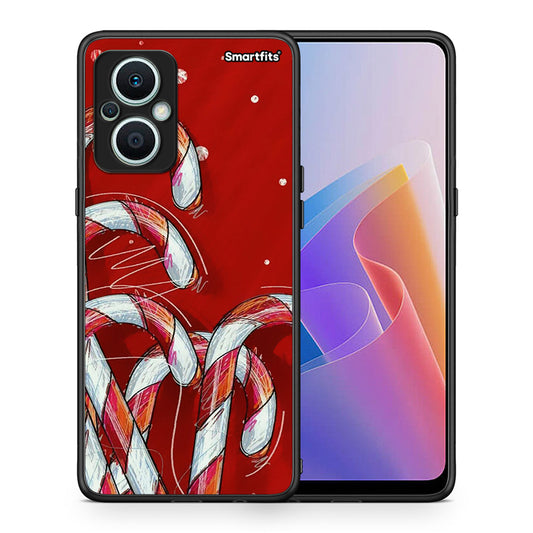 Θήκη Oppo Reno7 Lite Candy Cane από τη Smartfits με σχέδιο στο πίσω μέρος και μαύρο περίβλημα | Oppo Reno7 Lite Candy Cane Case with Colorful Back and Black Bezels
