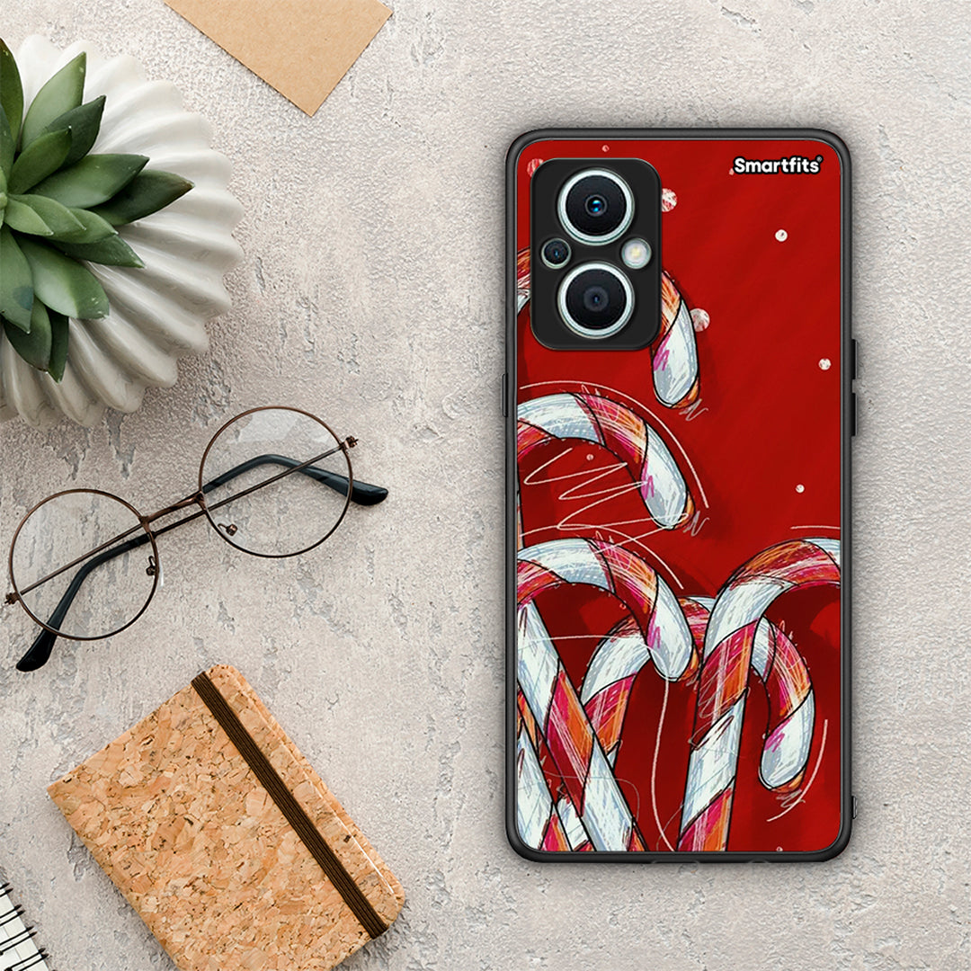 Θήκη Oppo Reno7 Lite Candy Cane από τη Smartfits με σχέδιο στο πίσω μέρος και μαύρο περίβλημα | Oppo Reno7 Lite Candy Cane Case with Colorful Back and Black Bezels