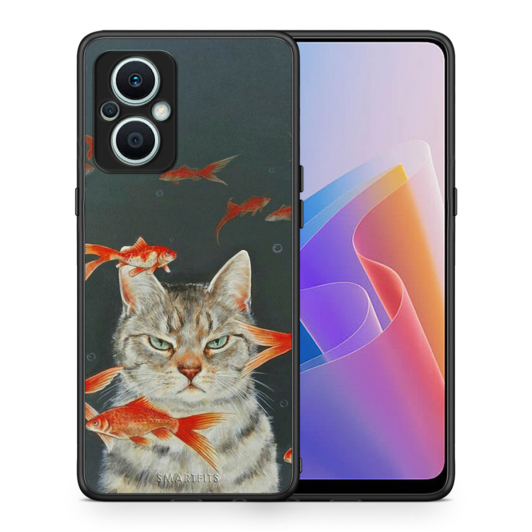 Θήκη Oppo Reno7 Lite Cat Goldfish από τη Smartfits με σχέδιο στο πίσω μέρος και μαύρο περίβλημα | Oppo Reno7 Lite Cat Goldfish Case with Colorful Back and Black Bezels