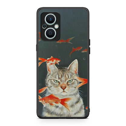 Θήκη Oppo Reno7 Lite Cat Goldfish από τη Smartfits με σχέδιο στο πίσω μέρος και μαύρο περίβλημα | Oppo Reno7 Lite Cat Goldfish Case with Colorful Back and Black Bezels