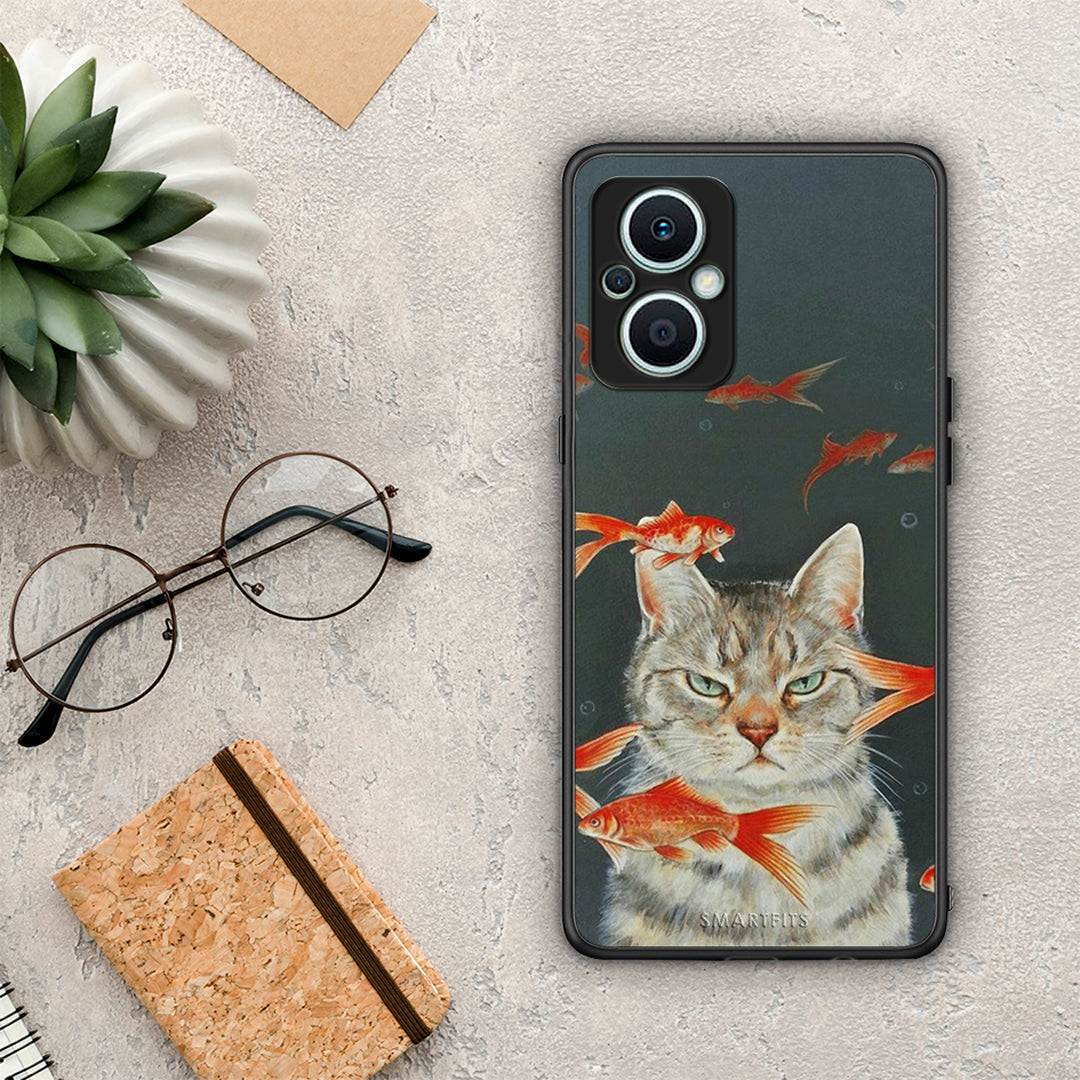 Θήκη Oppo Reno7 Lite Cat Goldfish από τη Smartfits με σχέδιο στο πίσω μέρος και μαύρο περίβλημα | Oppo Reno7 Lite Cat Goldfish Case with Colorful Back and Black Bezels