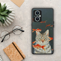 Thumbnail for Θήκη Oppo Reno7 Lite Cat Goldfish από τη Smartfits με σχέδιο στο πίσω μέρος και μαύρο περίβλημα | Oppo Reno7 Lite Cat Goldfish Case with Colorful Back and Black Bezels