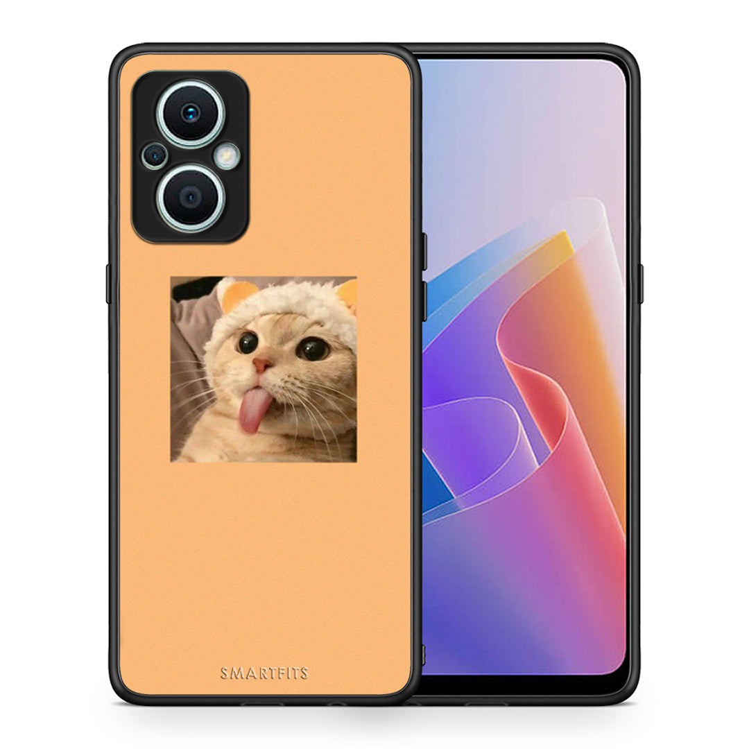 Θήκη Oppo Reno7 Lite Cat Tongue από τη Smartfits με σχέδιο στο πίσω μέρος και μαύρο περίβλημα | Oppo Reno7 Lite Cat Tongue Case with Colorful Back and Black Bezels