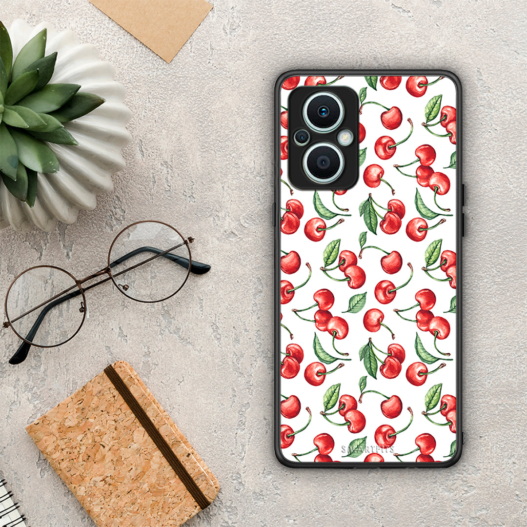 Θήκη Oppo Reno7 Lite Cherry Summer από τη Smartfits με σχέδιο στο πίσω μέρος και μαύρο περίβλημα | Oppo Reno7 Lite Cherry Summer Case with Colorful Back and Black Bezels