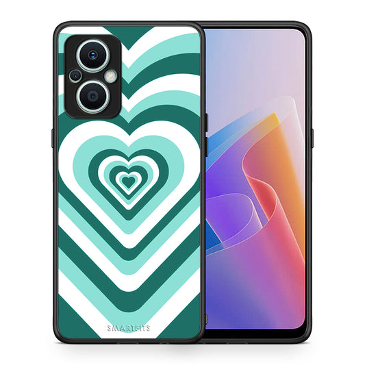 Θήκη Oppo Reno7 Lite Green Hearts από τη Smartfits με σχέδιο στο πίσω μέρος και μαύρο περίβλημα | Oppo Reno7 Lite Green Hearts Case with Colorful Back and Black Bezels