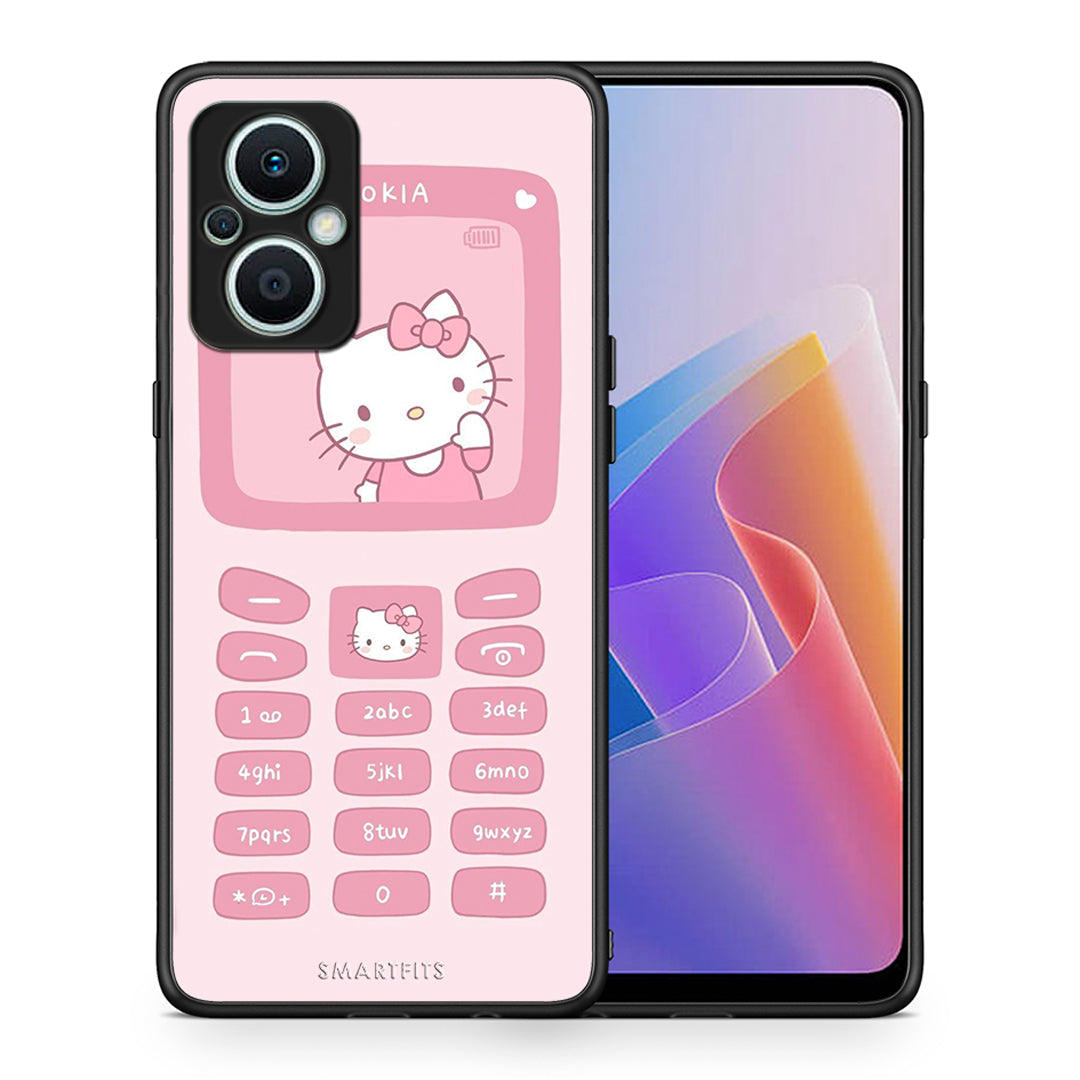 Θήκη Oppo Reno7 Lite Hello Kitten από τη Smartfits με σχέδιο στο πίσω μέρος και μαύρο περίβλημα | Oppo Reno7 Lite Hello Kitten Case with Colorful Back and Black Bezels