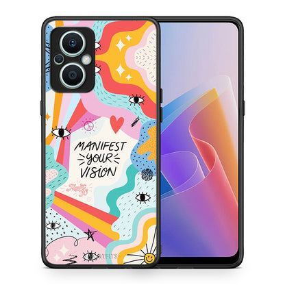 Θήκη Oppo Reno7 Lite Manifest Your Vision από τη Smartfits με σχέδιο στο πίσω μέρος και μαύρο περίβλημα | Oppo Reno7 Lite Manifest Your Vision Case with Colorful Back and Black Bezels