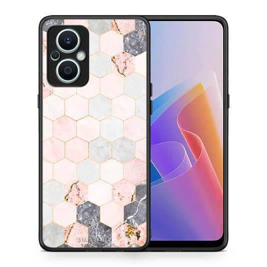Θήκη Oppo Reno7 Lite Marble Hexagon Pink από τη Smartfits με σχέδιο στο πίσω μέρος και μαύρο περίβλημα | Oppo Reno7 Lite Marble Hexagon Pink Case with Colorful Back and Black Bezels
