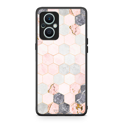 Θήκη Oppo Reno7 Lite Marble Hexagon Pink από τη Smartfits με σχέδιο στο πίσω μέρος και μαύρο περίβλημα | Oppo Reno7 Lite Marble Hexagon Pink Case with Colorful Back and Black Bezels