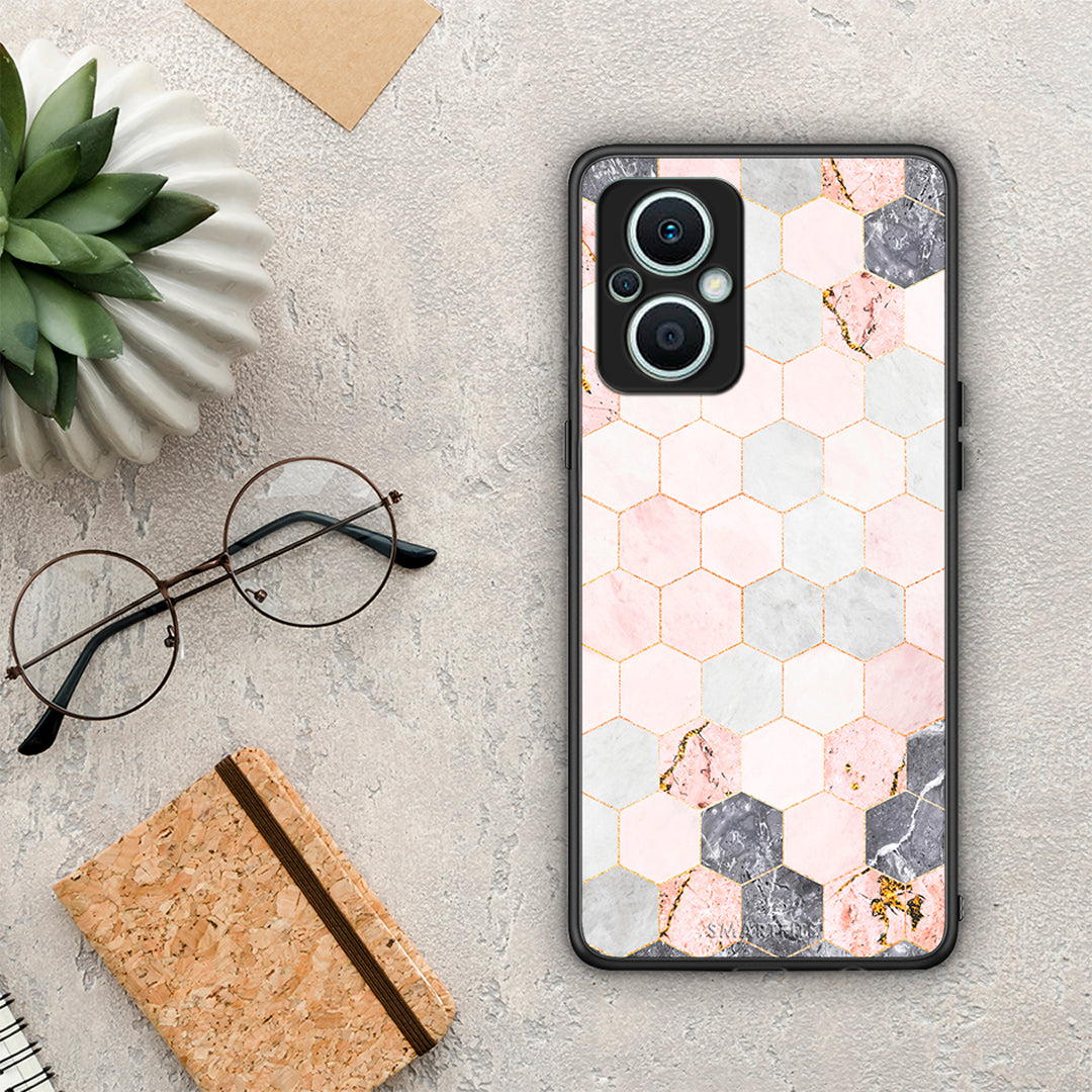 Θήκη Oppo Reno7 Lite Marble Hexagon Pink από τη Smartfits με σχέδιο στο πίσω μέρος και μαύρο περίβλημα | Oppo Reno7 Lite Marble Hexagon Pink Case with Colorful Back and Black Bezels