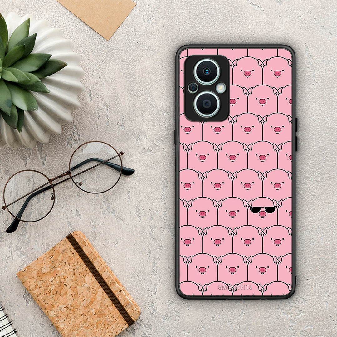 Θήκη Oppo Reno7 Lite Pig Glasses από τη Smartfits με σχέδιο στο πίσω μέρος και μαύρο περίβλημα | Oppo Reno7 Lite Pig Glasses Case with Colorful Back and Black Bezels