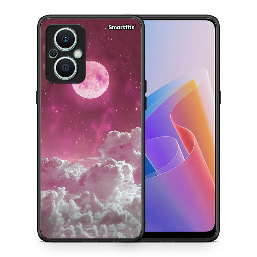 Θήκη Oppo Reno7 Lite Pink Moon από τη Smartfits με σχέδιο στο πίσω μέρος και μαύρο περίβλημα | Oppo Reno7 Lite Pink Moon Case with Colorful Back and Black Bezels