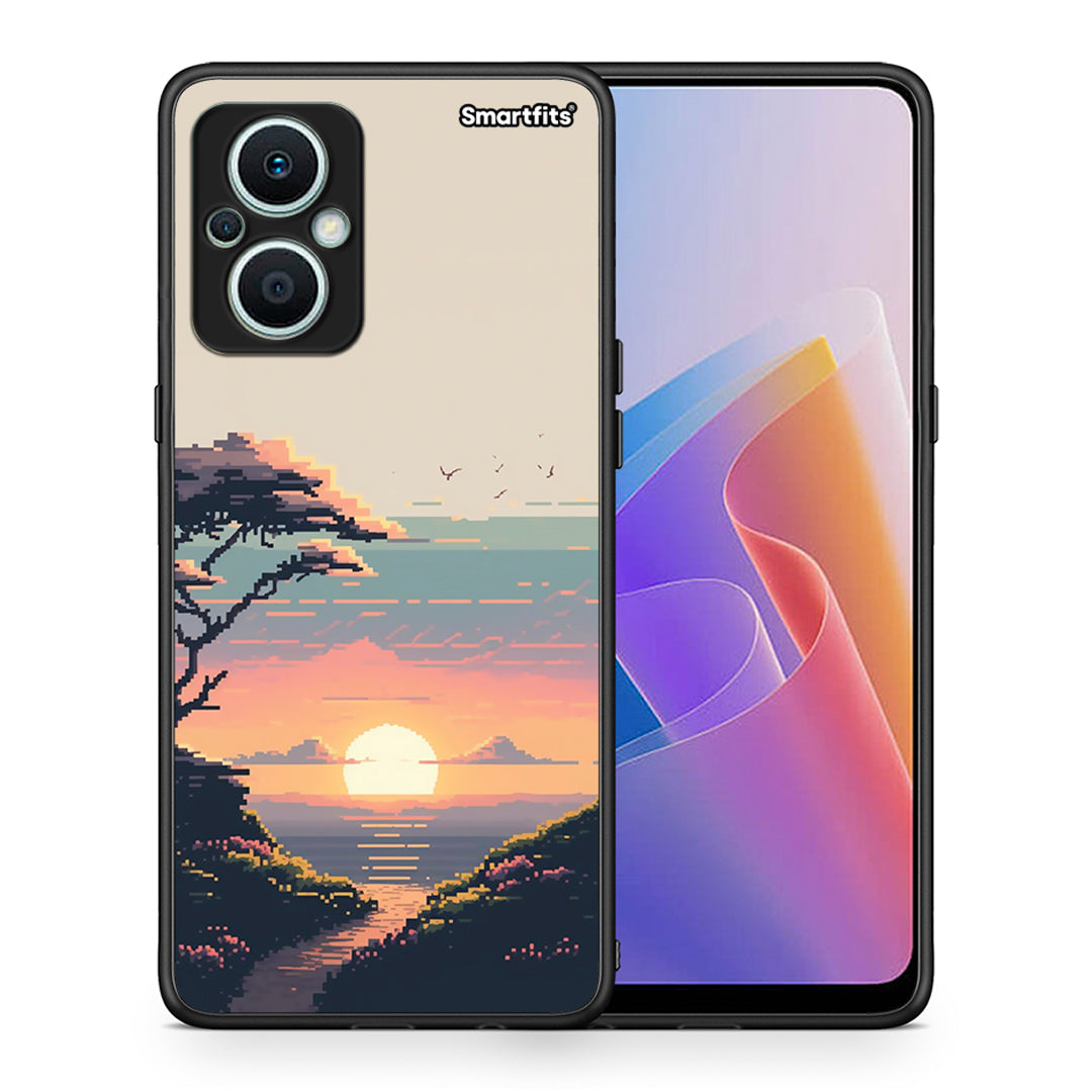 Θήκη Oppo Reno7 Lite Pixel Sunset από τη Smartfits με σχέδιο στο πίσω μέρος και μαύρο περίβλημα | Oppo Reno7 Lite Pixel Sunset Case with Colorful Back and Black Bezels