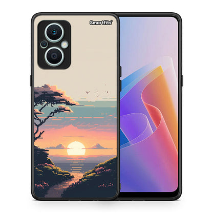 Θήκη Oppo Reno7 Lite Pixel Sunset από τη Smartfits με σχέδιο στο πίσω μέρος και μαύρο περίβλημα | Oppo Reno7 Lite Pixel Sunset Case with Colorful Back and Black Bezels