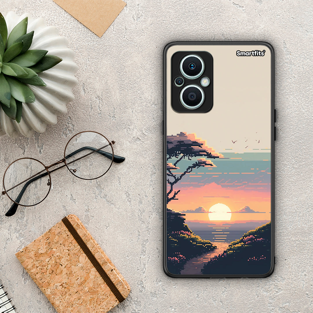 Θήκη Oppo Reno7 Lite Pixel Sunset από τη Smartfits με σχέδιο στο πίσω μέρος και μαύρο περίβλημα | Oppo Reno7 Lite Pixel Sunset Case with Colorful Back and Black Bezels