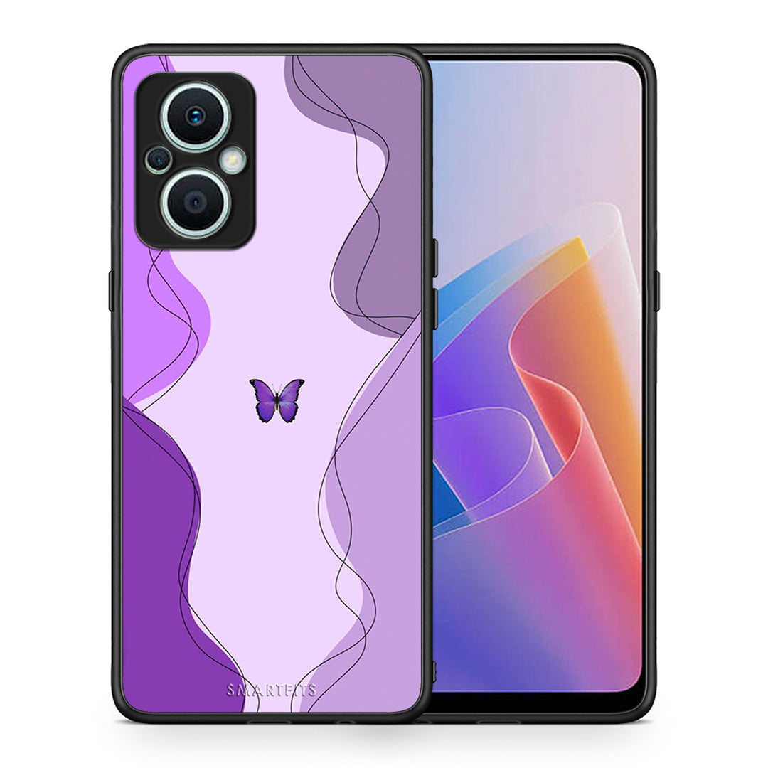 Θήκη Oppo Reno7 Lite Purple Mariposa από τη Smartfits με σχέδιο στο πίσω μέρος και μαύρο περίβλημα | Oppo Reno7 Lite Purple Mariposa Case with Colorful Back and Black Bezels