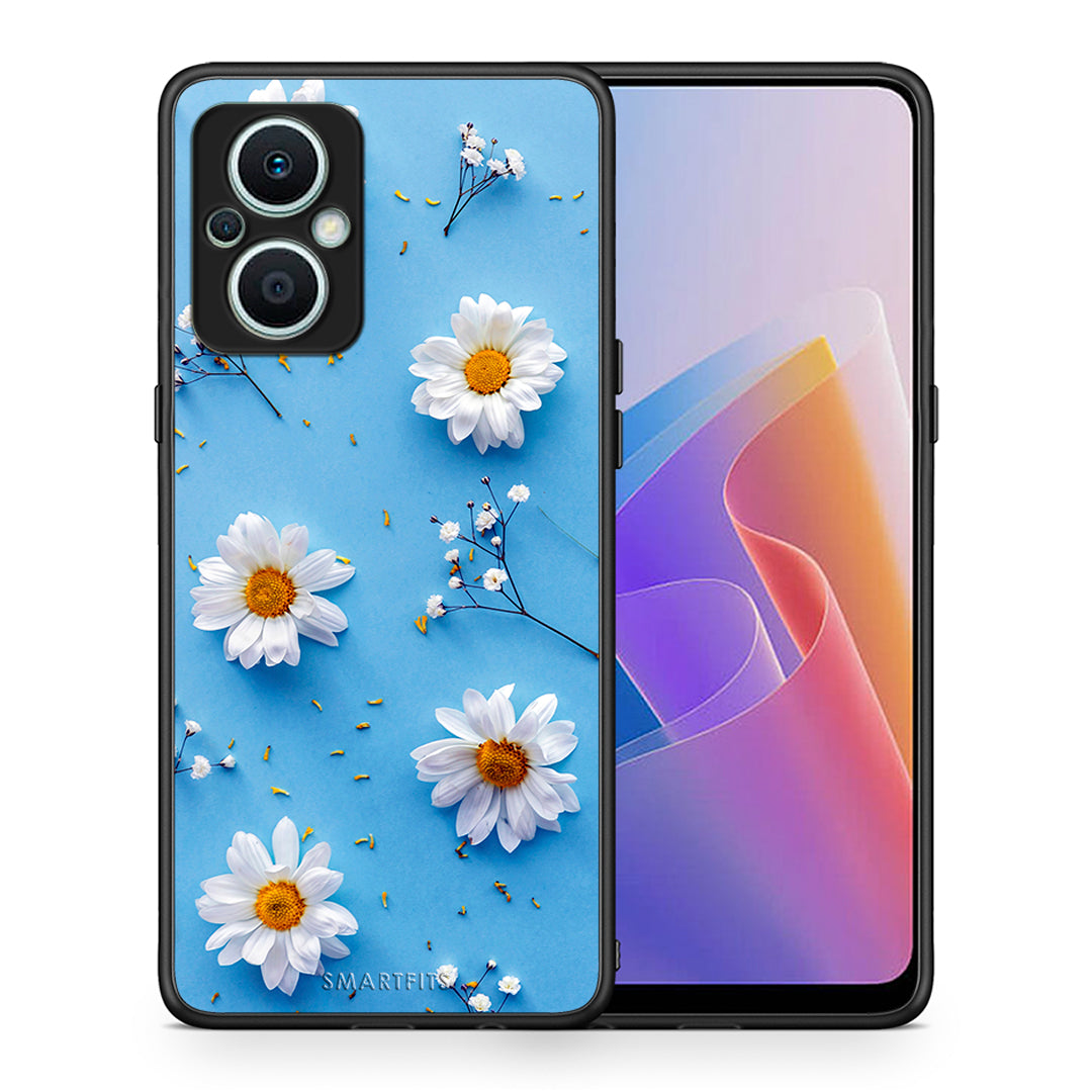 Θήκη Oppo Reno7 Lite Real Daisies από τη Smartfits με σχέδιο στο πίσω μέρος και μαύρο περίβλημα | Oppo Reno7 Lite Real Daisies Case with Colorful Back and Black Bezels